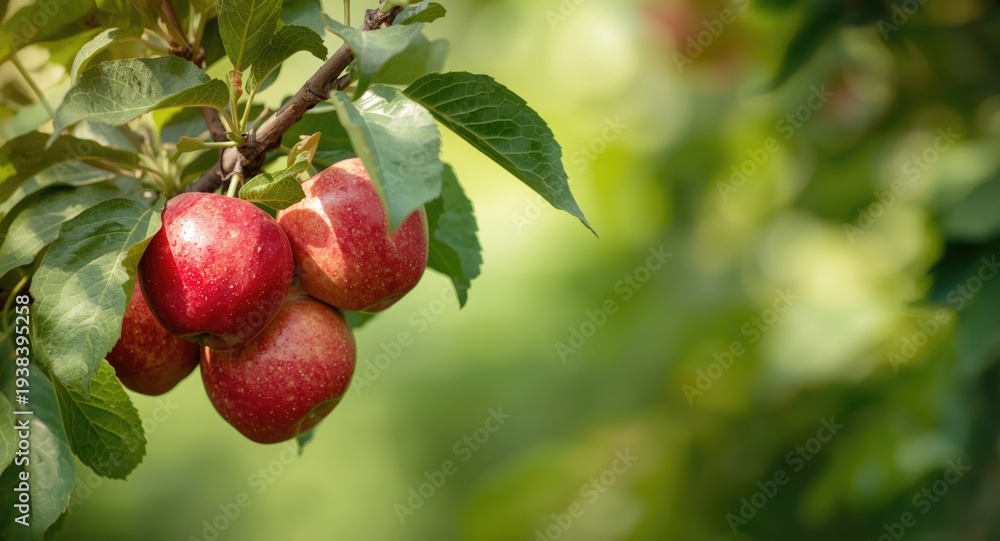Obraz premium Close up of apples on tree with green leaves and copy space for text