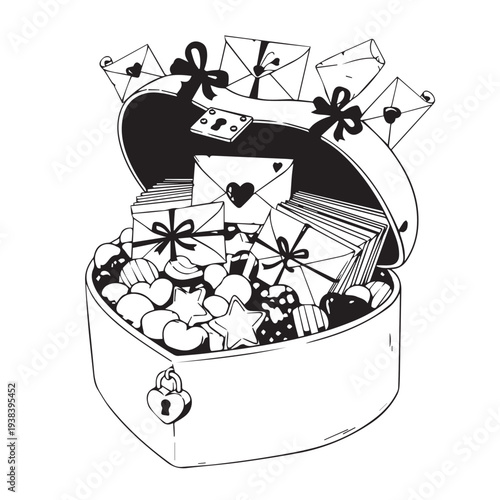 Whimsical treasure chest overflowing with letters, envelopes, and gifts in a playful illustration.