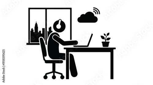 Person working remotely on laptop with headphones and cloud connectivity