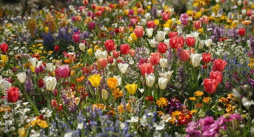 A lively spring meadow bursting with colorful tulips and diverse blooming flowers under bright sunlight