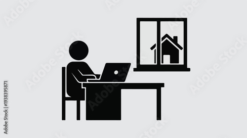 Work from home icon depicting remote worker with laptop and house view