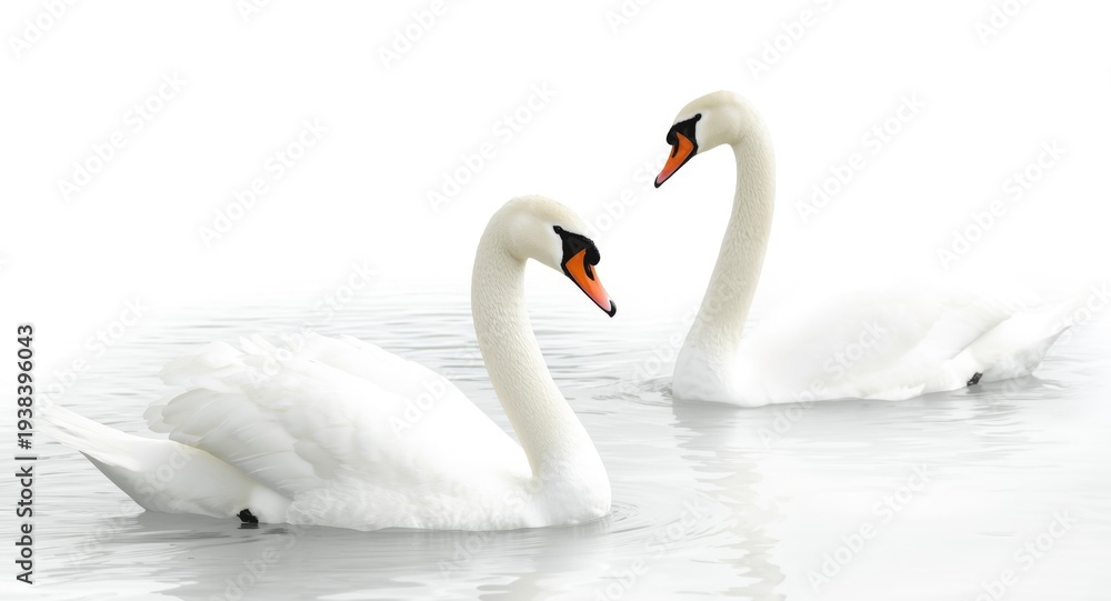 Obraz premium Elegant swans swimming gracefully on a pristine white background