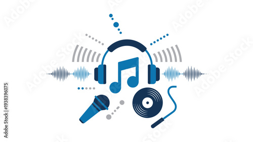 Music and audio technology illustration, flat design, headphones, microphone, sound waves, musical notes, vinyl record, audio equipment vector, sound production concept