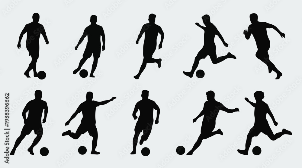Fototapeta premium Soccer players silhouettes with balls in various action poses