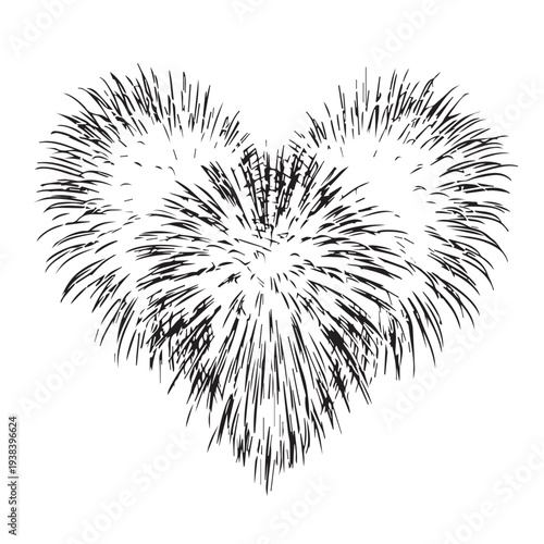 Monochrome heart formed by radiant fireworks in flight.