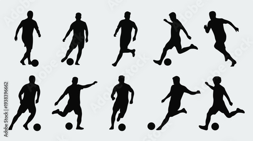 Soccer players silhouettes with balls in various action poses
