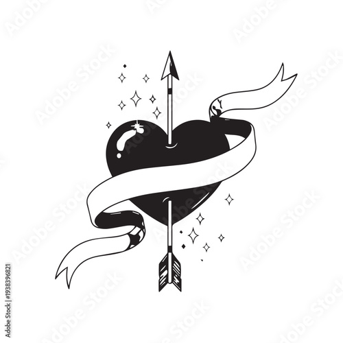 Bold black heart pierced by arrow with flowing ribbon and decorative sparkles.