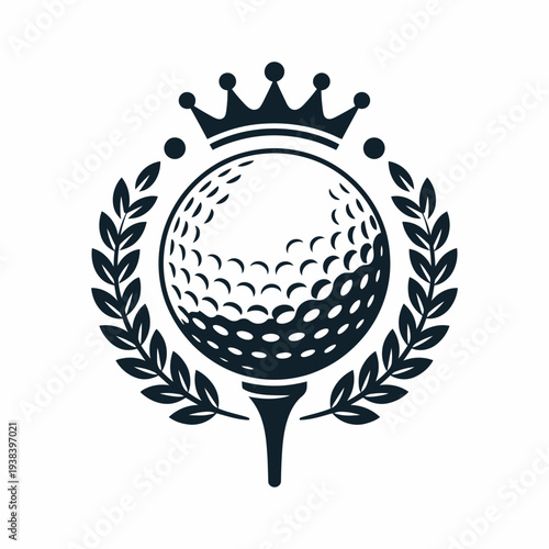 Golf ball logo vector, ball on tee with laurel wreath and crown, sports emblem illustration, premium golf design