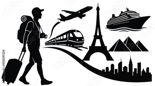 Travel illustration with tourist, transport modes, and global landmarks icons