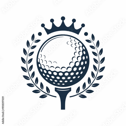Golf ball logo vector, ball on tee with laurel wreath and crown, sports emblem illustration, premium golf design
