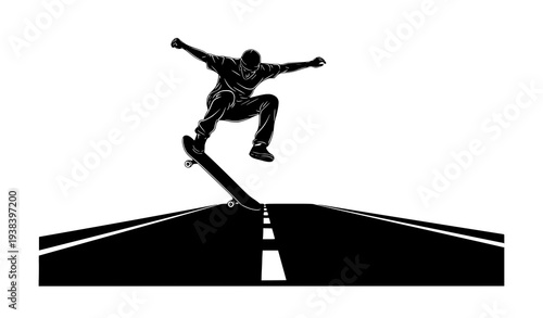 Skateboard Trick on Road Vector Illustration Athletic Silhouette Design