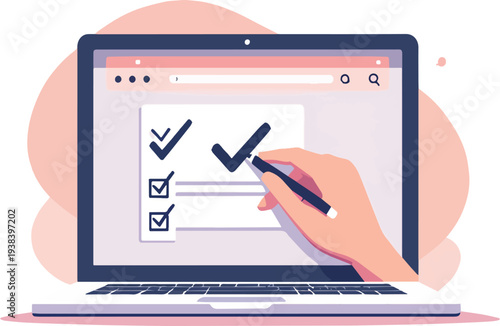 Finestra del browser dell'elenco di controllo. Segno di spunta. Segno di spunta bianco sullo schermo del laptop. Scelta, concetti di indagine. Elementi per banner web, siti web, vettoriale