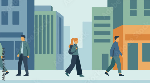 People walking on a city sidewalk with modern urban buildings in background