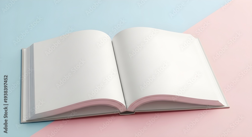 Fototapeta premium Open blank book on pink and blue background, empty pages, reading concept