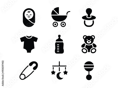 Infant Care Items Icons – Stroller, Pacifier, Bottle, Teddy Bear, Rattle, Onesie, Mobile