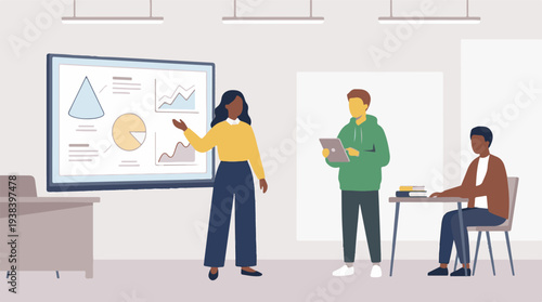 Diverse Group Presenting and Discussing Data in a Modern Office or Classroom