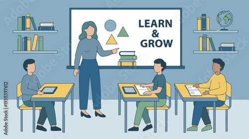 Teacher guiding students in a classroom, promoting learning and growth