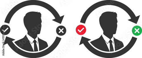 Two businessmen in a circular approval and rejection process