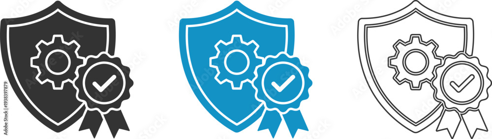 Obraz premium Shield icons with gear and checkmark in black, blue and gray line