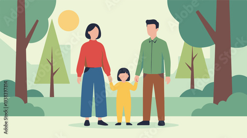 Minimalist illustration of a family with child holding hands in a park