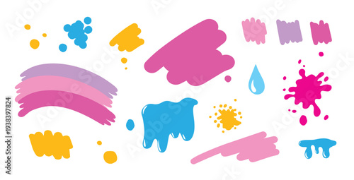 Colorful paint splashes, drops and brush strokes set, bright abstract elements for creative design
