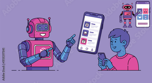 Friendly pink and blue robot assistant pointing towards a floating smartphone application interface interacting with a user on transparent background