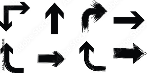 A collection of eight black arrows on a white background pointing in different directions