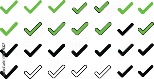 Checkmark Icon Set Featuring Green, Black, and White Variations for Task Completion, Approval, and Validation Designs