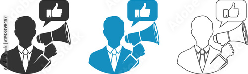 Three stylized thumbs up icons in black blue and line art with abstract design elements