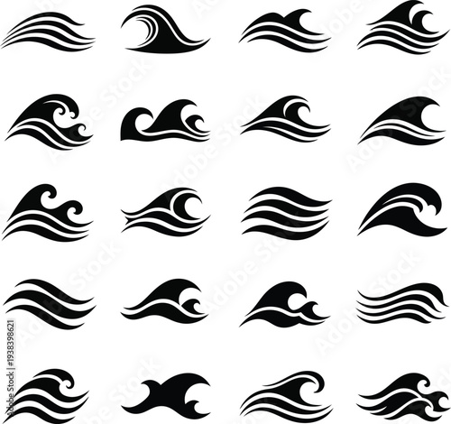 Collection of 20 different wave icons in black and white