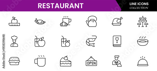Restaurant line icons set. Restaurant, menu, cooking, drink, chef, table, cafeteria, wine, dish, and eating. Vector illustration