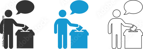 Three people throwing papers into trash cans with speech bubbles