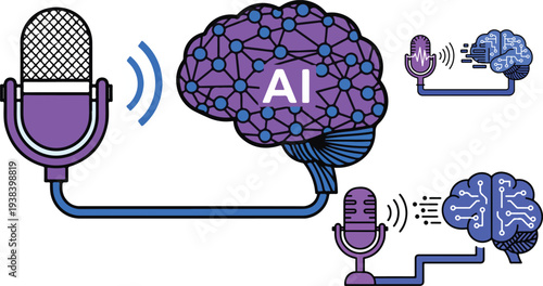 Artificial intelligence brain connected to a microphone processing sound waves for voice recognition and machine learning applications on transparent background. on transparent background