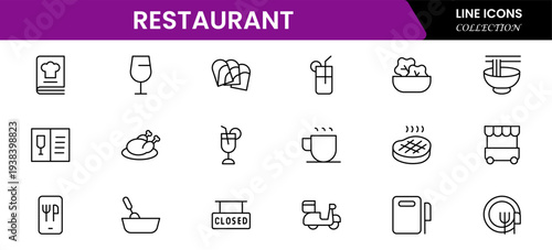 Restaurant line icons set. Restaurant, menu, cooking, drink, chef, table, cafeteria, wine, dish, and eating. Vector illustration
