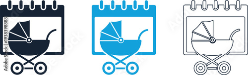 Three baby stroller icons in different colors on calendar pages