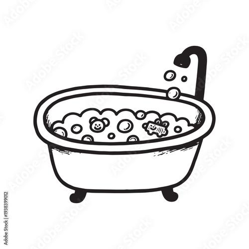 Cute Hand Drawn Illustration of a Happy Little Child Playing in Bathtub. 