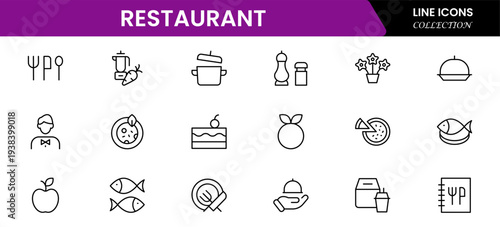 Restaurant line icons set. Restaurant, menu, cooking, drink, chef, table, cafeteria, wine, dish, and eating. Vector illustration