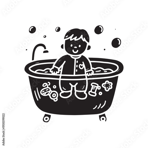Cute Hand Drawn Illustration of a Happy Little Child Playing in Bathtub. 