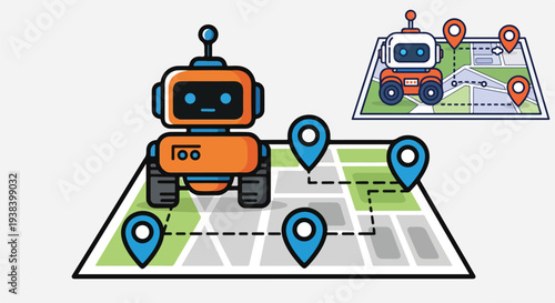 Friendly orange tracked robot navigating a digital street map marked with precise location pins illustrating automated delivery routes on transparent background