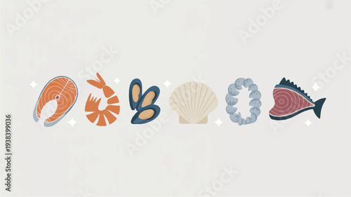 Seafood icons including fish shrimp mussels scallop and oysters on light gray background