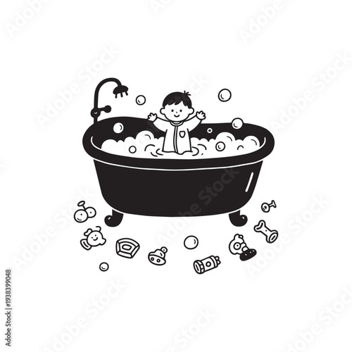 Cute Hand Drawn Illustration of a Happy Little Child Playing in Bathtub. 