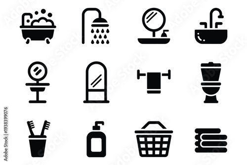 Bathroom silhouette icons, essential fixtures and personal hygiene items, black vector symbols