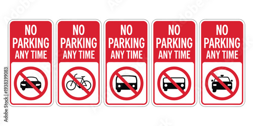 No Parking Vector Icon Set – Car, Bike, Motorcycle, Bus, Signboard