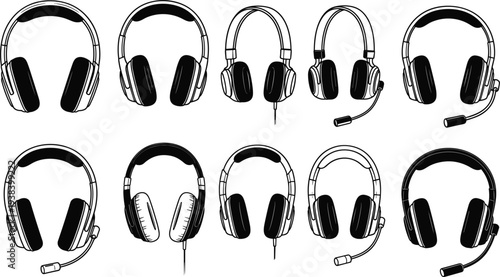 Headphone Icon Set Featuring Various Wired and Wireless Headsets with Microphone for Audio, Communication, and Gaming Designs