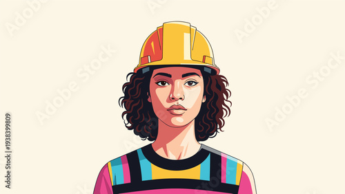Professional woman with curly hair wearing a yellow construction hard hat and a colorful high-visibility safety vest.