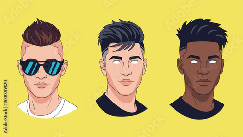 Three diverse male portraits with modern hairstyles and glowing white eyes presented on a solid bright yellow background.