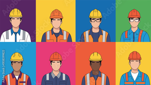 Grid of eight professional construction workers wearing colorful safety vests and hard hats on various colored backgrounds.
