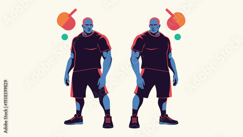 Two identical blue-skinned muscular male characters standing near table tennis equipment on a minimalist cream background.