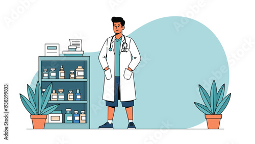 Pharmacist or medical professional in a white coat standing in front of medicine shelves and plants in a modern clinic.