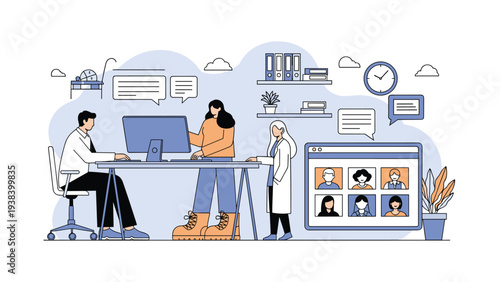 Busy workplace illustration featuring employees at their desks and a video conference window showing a remote team meeting.
